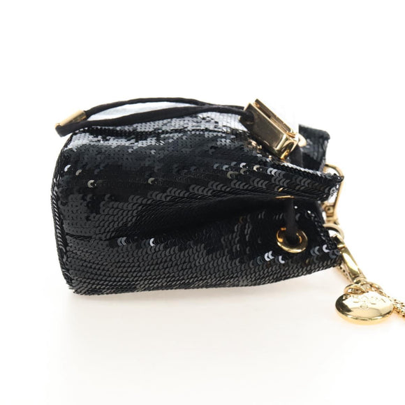PRADA Chain Shoulder Pouch Sequin Black Gold Auth 210171M