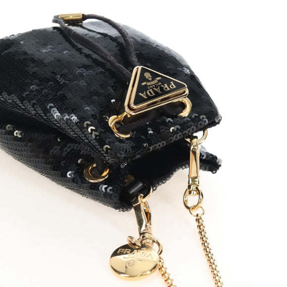 PRADA Chain Shoulder Pouch Sequin Black Gold Auth 210171M