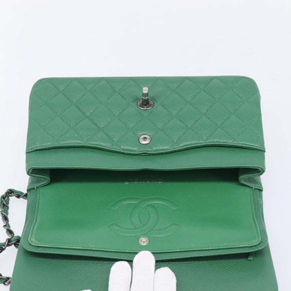 CHANEL Chain Matelasse25 Shoulder Bag Caviar Skin Green Silver CC Auth 210172SAM