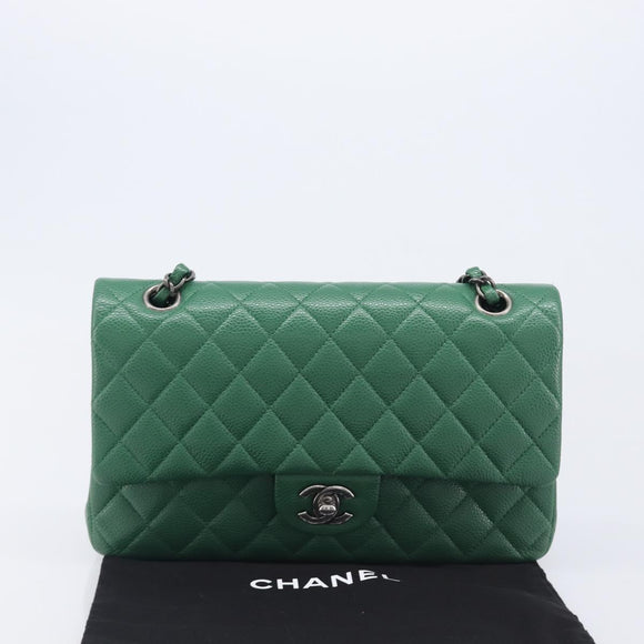 CHANEL Chain Matelasse25 Shoulder Bag Caviar Skin Green Silver CC Auth 210172SAM