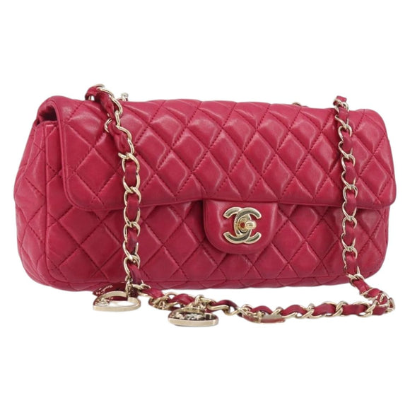 CHANEL Matelasse25 Chain Shoulder Bag Lamb Skin Pink Gold CC Auth 210180M