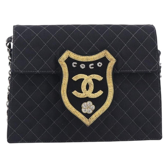 CHANEL Matelasse Chain Shoulder Bag Canvas Black Silver CC Auth 210182SAM