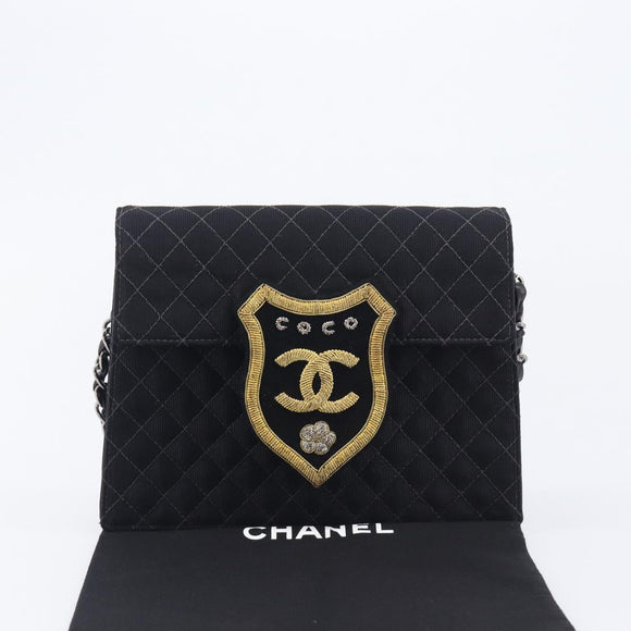 CHANEL Matelasse Chain Shoulder Bag Canvas Black Silver CC Auth 210182SAM
