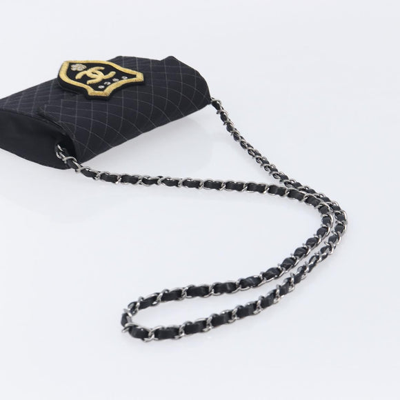 CHANEL Matelasse Chain Shoulder Bag Canvas Black Silver CC Auth 210182SAM