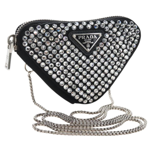 PRADA Triangle Chain Shoulder Pouch Satin Black Silver Auth 210184M