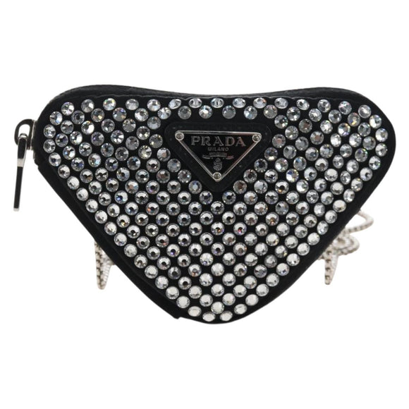 PRADA Triangle Chain Shoulder Pouch Satin Black Silver Auth 210184M
