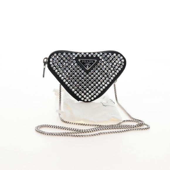 PRADA Triangle Chain Shoulder Pouch Satin Black Silver Auth 210184M