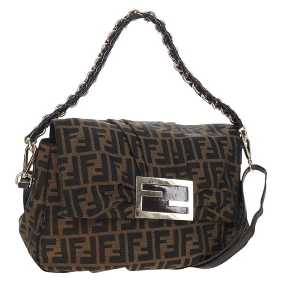 FENDI Zucca Canvas Mia Chain Shoulder Bag 2way Black Brown 8BR614 Auth 210188V