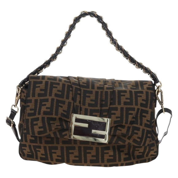 FENDI Zucca Canvas Mia Chain Shoulder Bag 2way Black Brown 8BR614 Auth 210188V