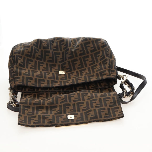 FENDI Zucca Canvas Mia Chain Shoulder Bag 2way Black Brown 8BR614 Auth 210188V