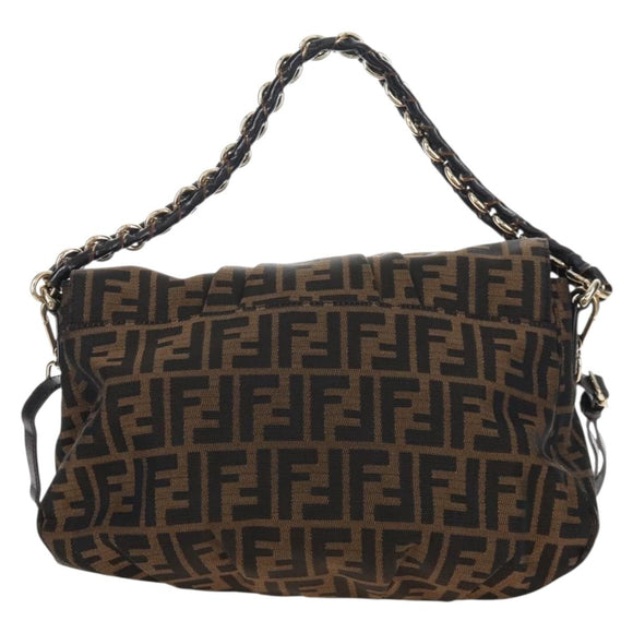 FENDI Zucca Canvas Mia Chain Shoulder Bag 2way Black Brown 8BR614 Auth 210188V