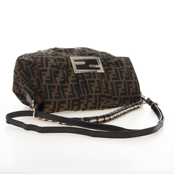 FENDI Zucca Canvas Mia Chain Shoulder Bag 2way Black Brown 8BR614 Auth 210188V