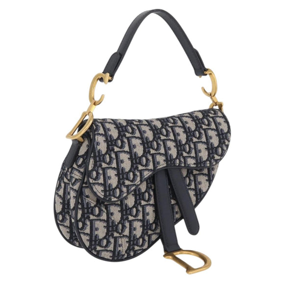 Christian Dior Trotter Canvas Saddle Shoulder Bag Navy Gold Auth 210196M