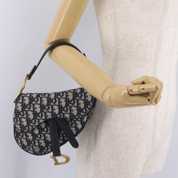 Christian Dior Trotter Canvas Saddle Shoulder Bag Navy Gold Auth 210196M