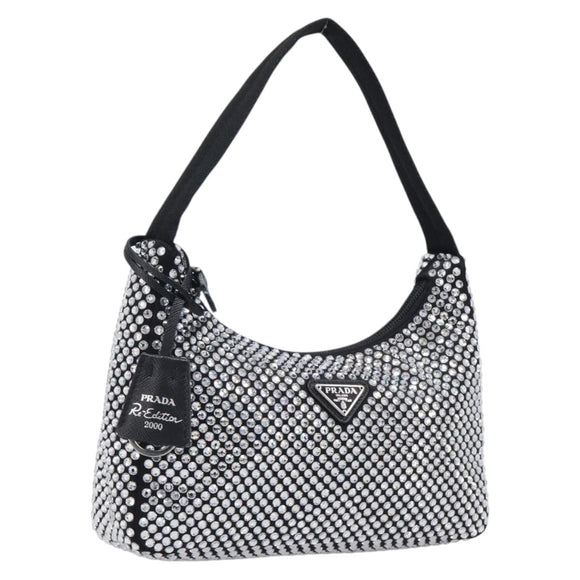 PRADA Hand Pouch Satin Black Silver Auth 210197SAM