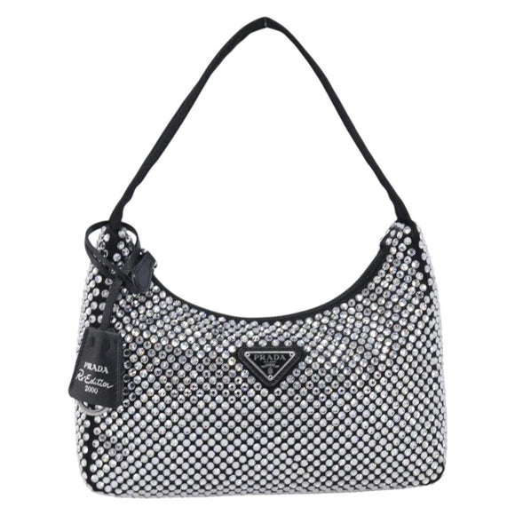 PRADA Hand Pouch Satin Black Silver Auth 210197SAM
