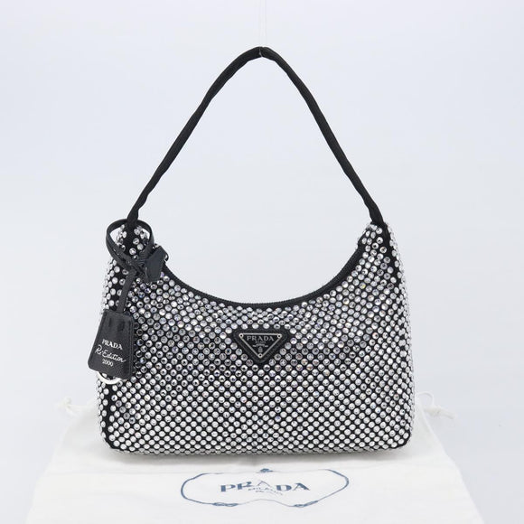 PRADA Hand Pouch Satin Black Silver Auth 210197SAM