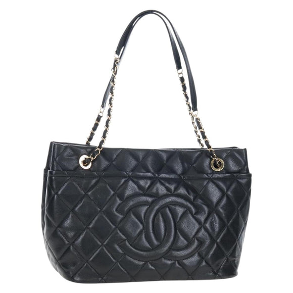 CHANEL Matelasse Chain Shoulder Tote Bag Caviar Skin Black Gold CC Auth 210201M