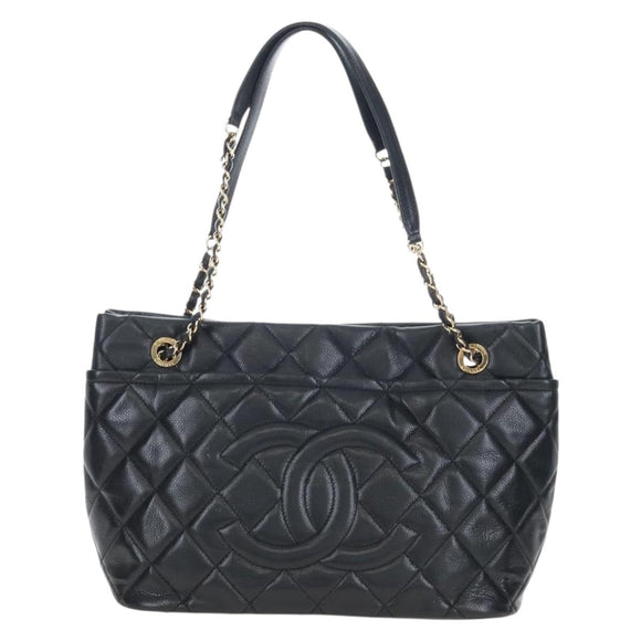 CHANEL Matelasse Chain Shoulder Tote Bag Caviar Skin Black Gold CC Auth 210201M