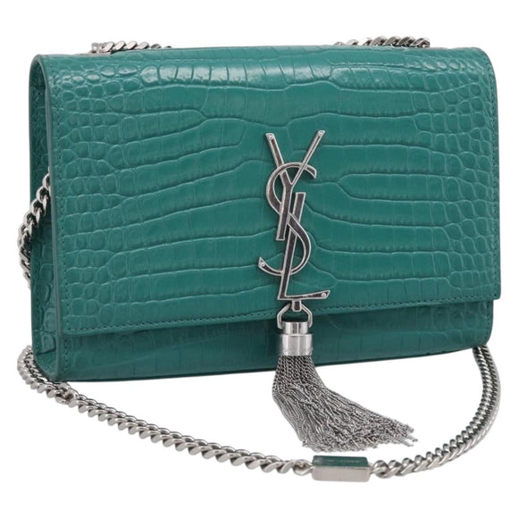 Saint Laurent Kate Chain Bag Leather Croco-Embossed Green Silver Auth 210206M