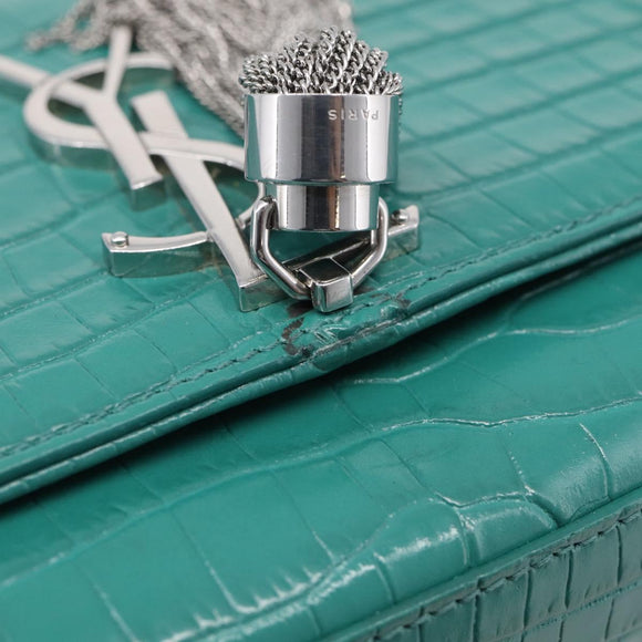 Saint Laurent Kate Chain Bag Leather Croco-Embossed Green Silver Auth 210206M