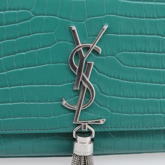 Saint Laurent Kate Chain Bag Leather Croco-Embossed Green Silver Auth 210206M