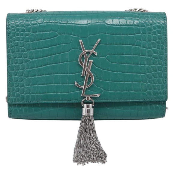 Saint Laurent Kate Chain Bag Leather Croco-Embossed Green Silver Auth 210206M