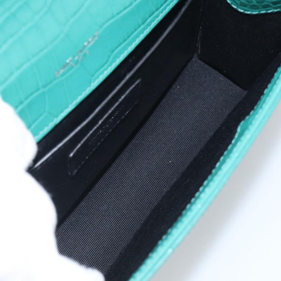 Saint Laurent Kate Chain Bag Leather Croco-Embossed Green Silver Auth 210206M