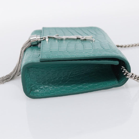 Saint Laurent Kate Chain Bag Leather Croco-Embossed Green Silver Auth 210206M
