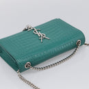 Saint Laurent Kate Chain Bag Leather Croco-Embossed Green Silver Auth 210206M-6