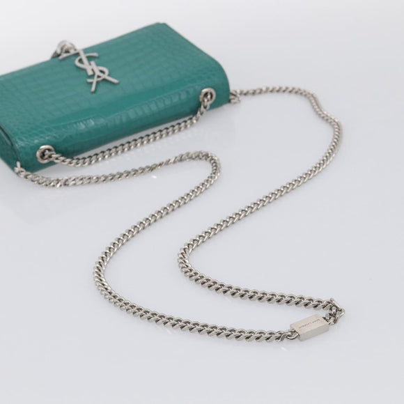 Saint Laurent Kate Chain Bag Leather Croco-Embossed Green Silver Auth 210206M