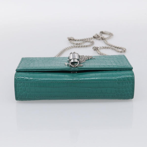Saint Laurent Kate Chain Bag Leather Croco-Embossed Green Silver Auth 210206M