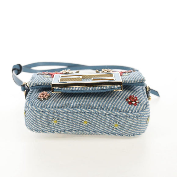 FENDI Nano Baguette Shoulder Bag Denim Navy Gold Auth 210210SAM