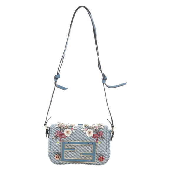 FENDI Nano Baguette Shoulder Bag Denim Navy Gold Auth 210210SAM