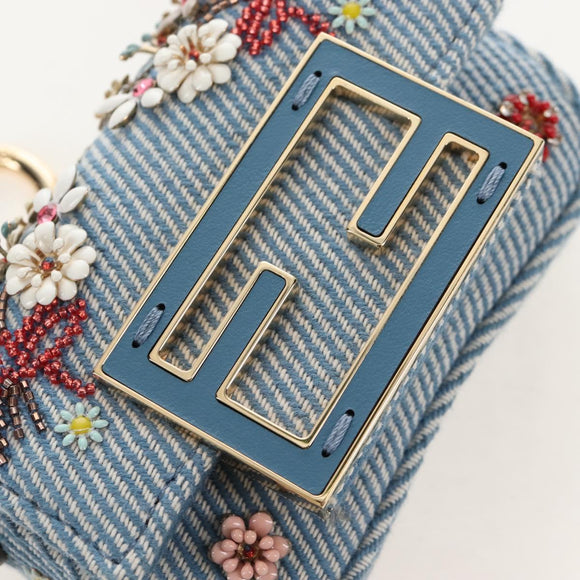 FENDI Nano Baguette Shoulder Bag Denim Navy Gold Auth 210210SAM