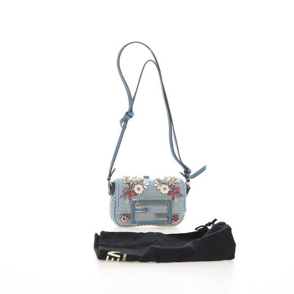 FENDI Nano Baguette Shoulder Bag Denim Navy Gold Auth 210210SAM