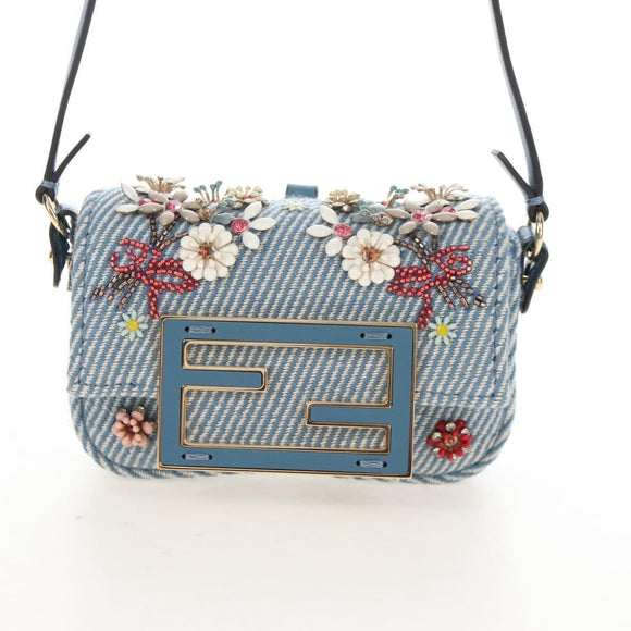 FENDI Nano Baguette Shoulder Bag Denim Navy Gold Auth 210210SAM