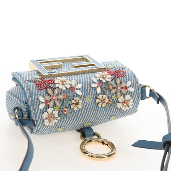 FENDI Nano Baguette Shoulder Bag Denim Navy Gold Auth 210210SAM