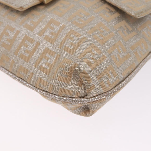 FENDI Zucchino Canvas Mamma Baguette Shoulder Bag Silver Gold Auth 210223