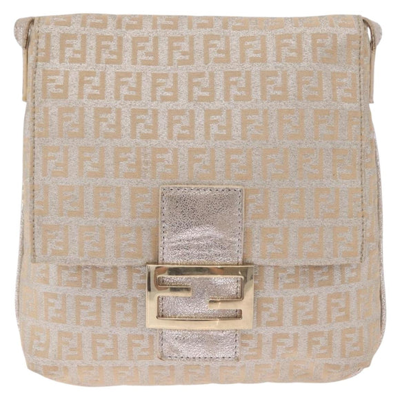 FENDI Zucchino Canvas Mamma Baguette Shoulder Bag Silver Gold Auth 210223