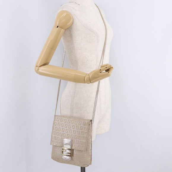 FENDI Zucchino Canvas Mamma Baguette Shoulder Bag Silver Gold Auth 210223