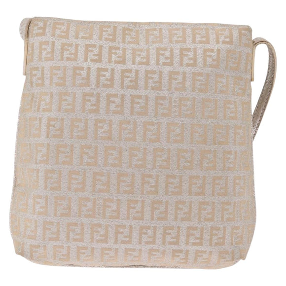 FENDI Zucchino Canvas Mamma Baguette Shoulder Bag Silver Gold Auth 210223