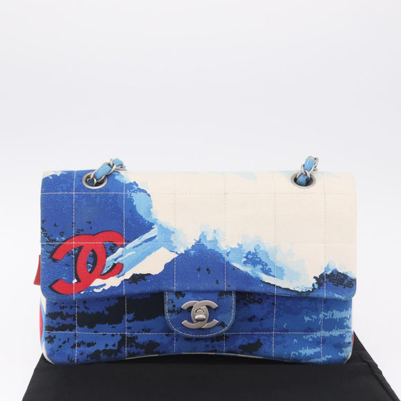 CHANEL Surf Line Choco Bar Chain Bag Canvas Blue Silver CC Auth 210250SM
