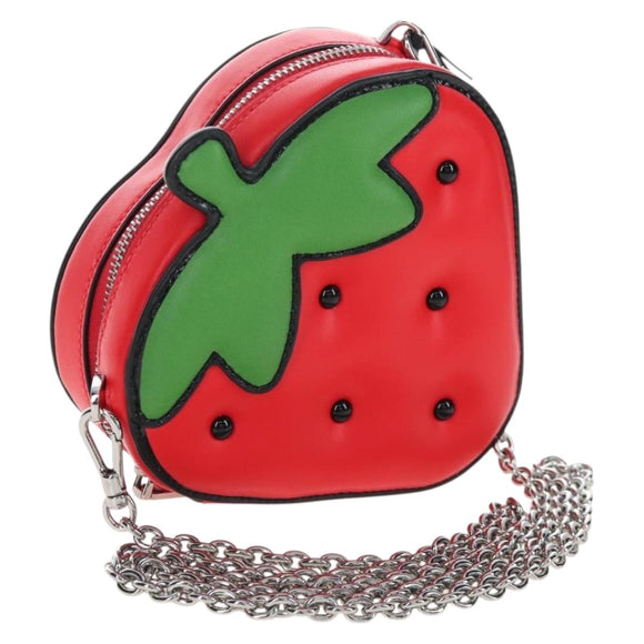 kate spade 3D Strawberry Hello Kitty Chain Bag Leather Red Silver Auth 210253M