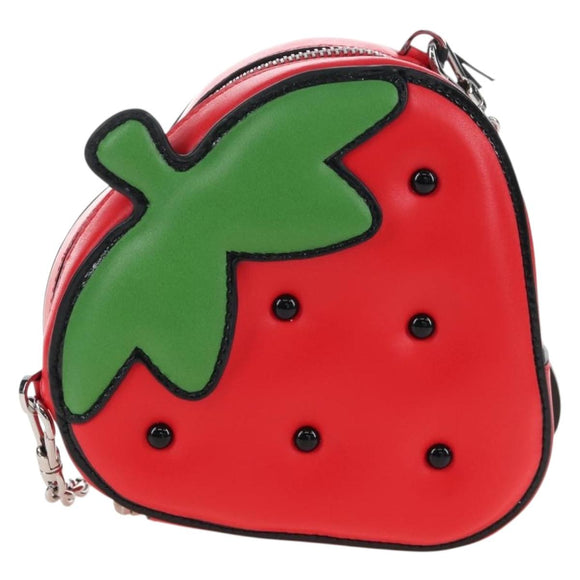 kate spade 3D Strawberry Hello Kitty Chain Bag Leather Red Silver Auth 210253M