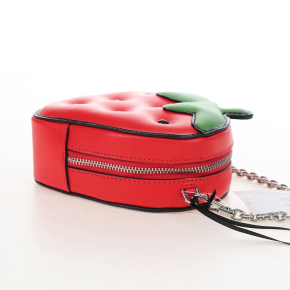 kate spade 3D Strawberry Hello Kitty Chain Bag Leather Red Silver Auth 210253M