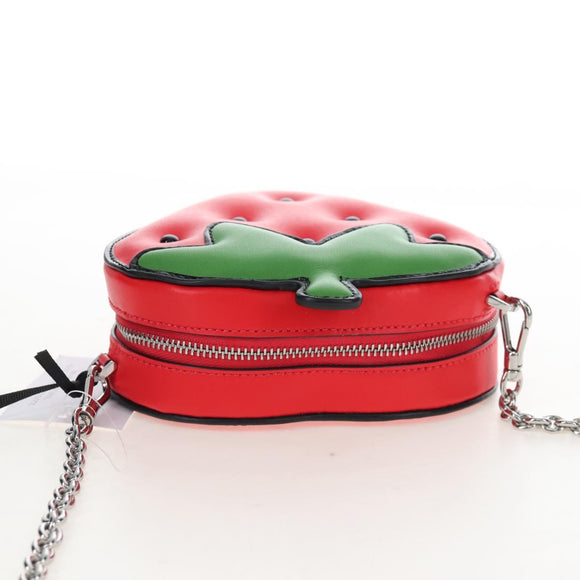 kate spade 3D Strawberry Hello Kitty Chain Bag Leather Red Silver Auth 210253M