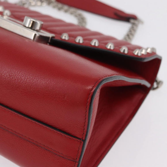 PRADA Chain Shoulder Bag Leather Red Silver Auth 210281V