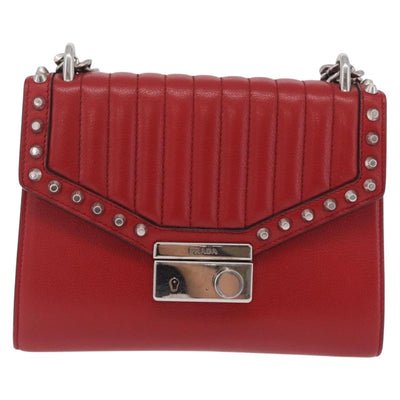 PRADA Chain Shoulder Bag Leather Red Silver Auth 210281V - 0