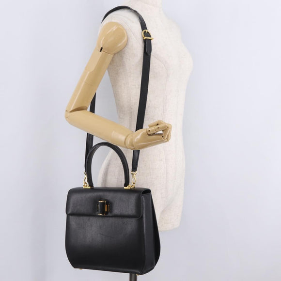 Salvatore Ferragamo Gancini Hand Bag Leather 2way Black Gold Auth 210300A